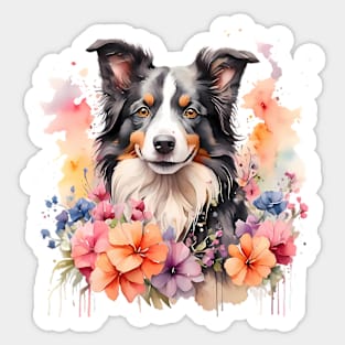 A border collie decorated with beautiful watercolor flowers Sticker